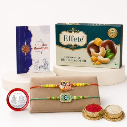 Radhe Krishna Rakhi Combo - Raksha Bandhan Gift with Choco Butterscotch 32gm, Pack of 6