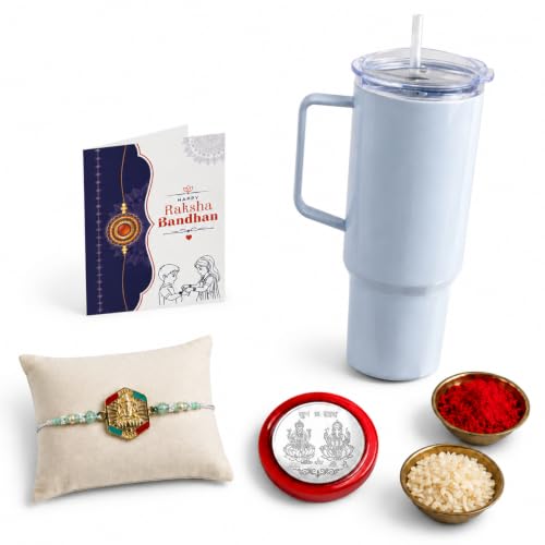 Ganesha Rakhi Combo - Raksha Bandhan Gift with Travel Tumbler 1800ml, Pack of 5 for Bhaiya