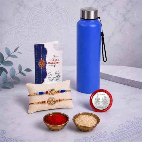 Peacock Rakhi Combo - Raksha Bandhan Gift with SS Water Bottle 1000ml, Pack of 6