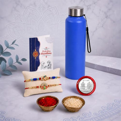 Peacock Rakhi Combo - Raksha Bandhan Gift with SS Water Bottle 1000ml, Pack of 6