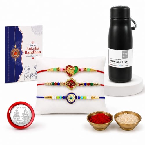Veera, Evil Eye, Ganesha Rakhi Combo - Raksha Bandhan Gift with Vacuum Water Bottle 550ml