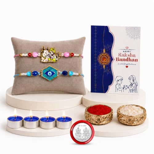 Krishna, Evil Eye Rakhi Combo - Raksha Bandhan Gift with Tealight Candles 4pcs, Pack of 6