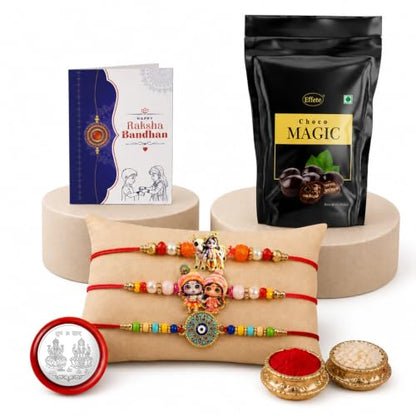Krishna Cow Rakhi Combo - Raksha Bandhan Gift with Choco Magic Standy Pouch, Pack of 7