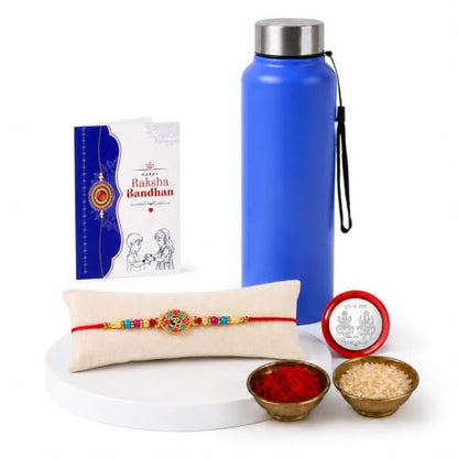 Flower Rakhi Combo - Raksha Bandhan Gift with SS Water Bottle 1000ml, Pack of 5 for Bhaiya