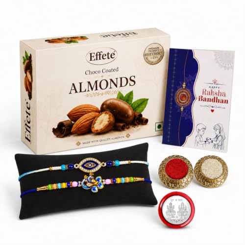 Evil Eye, Peacock Rakhi Combo - Raksha Bandhan Gift with Choco Almonds 32gm, Pack of 6
