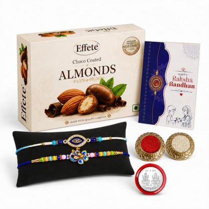 Evil Eye, Peacock Rakhi Combo - Raksha Bandhan Gift with Choco Almonds 32gm, Pack of 6