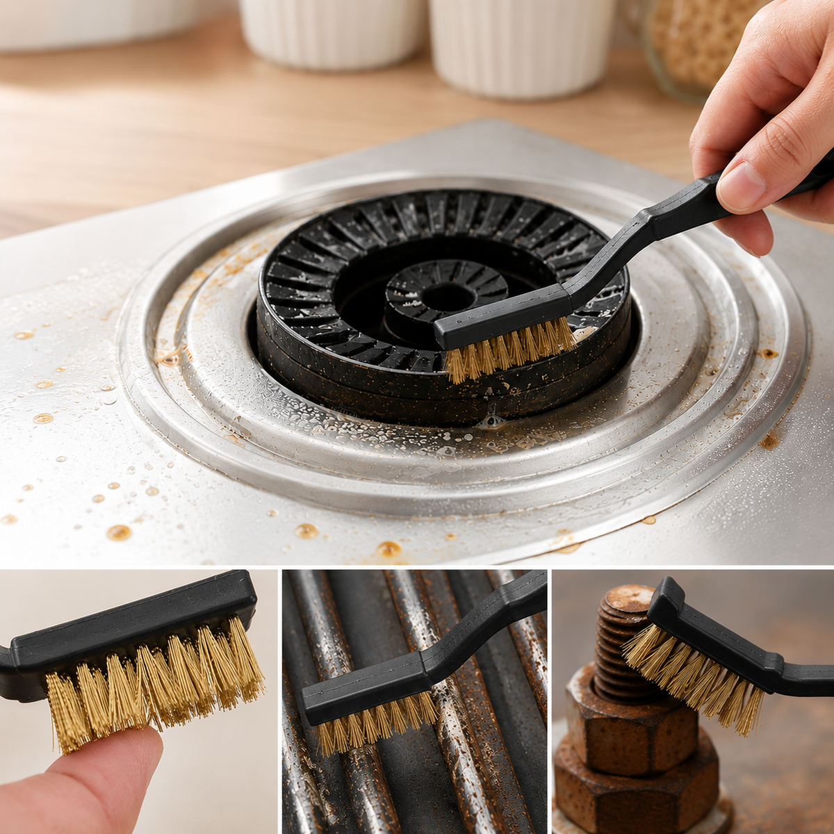 A hand uses a black-handled brass wire brush to clean a dirty gas stove burner.
