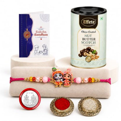Krishna Radha Rakhi Combo - Raksha Bandhan Gift with Choco Butterscotch 96gm, Pack of 5