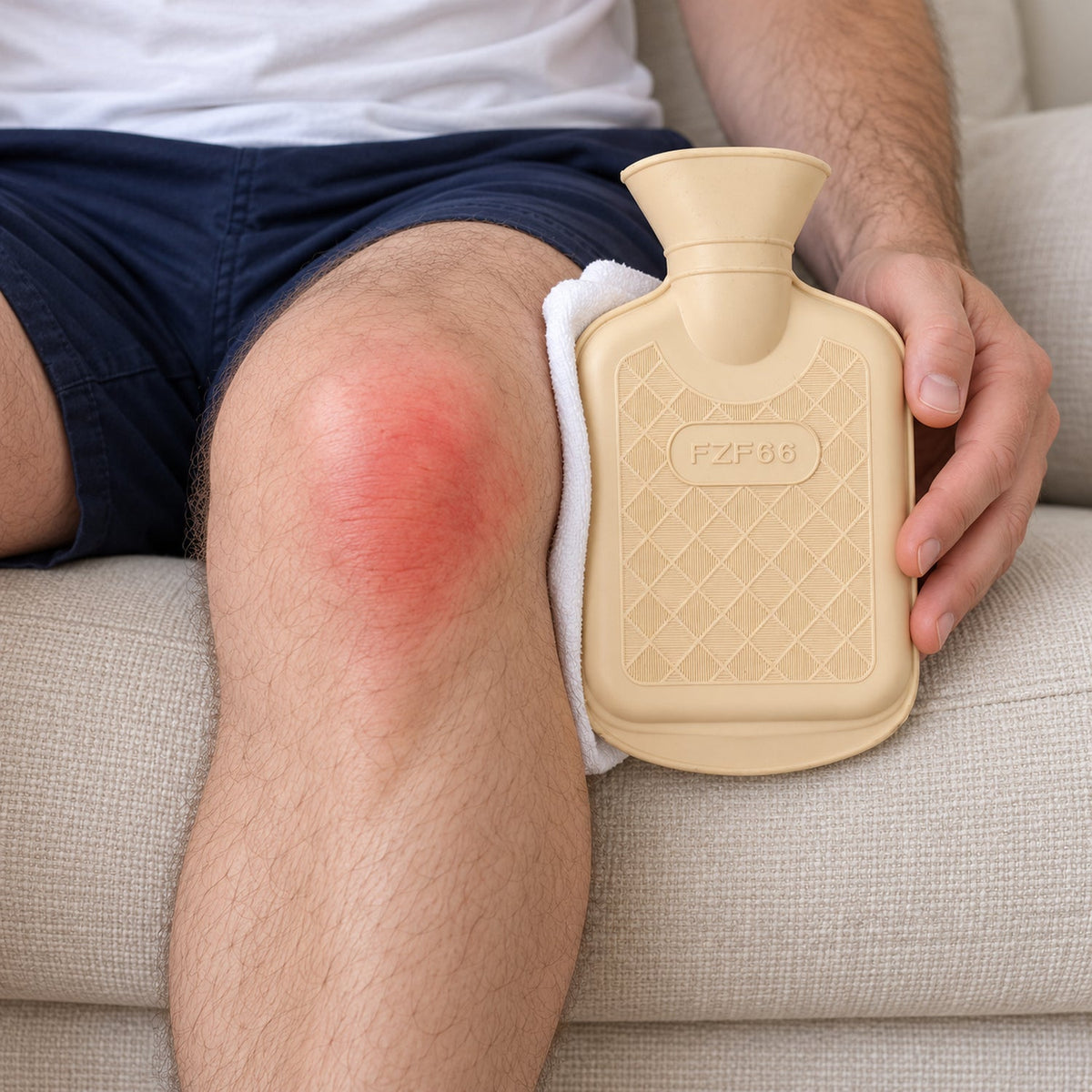 A person holds a cream hot water bottle wrapped in a white towel against a red inflamed knee.