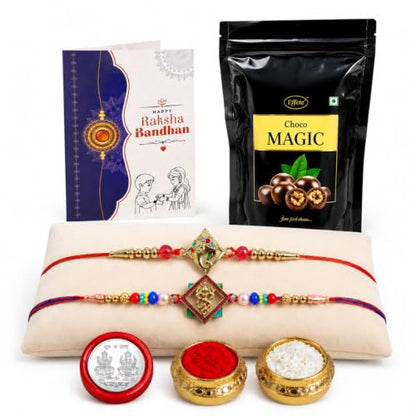 Ganesh, OM Rakhi Combo - Raksha Bandhan Gift with Choco Magic Standy Pouch, Pack of 6