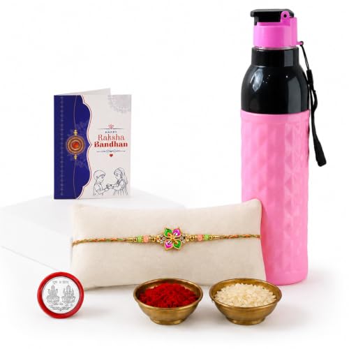 Floral Rakhi Combo - Raksha Bandhan Gift with Diamond Water Bottle 1000ml, Pack of 5