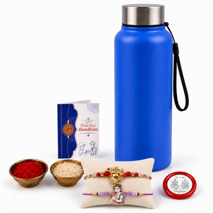 Ganesh, Krishna Rakhi Combo - Raksha Bandhan Gift with SS Water Bottle 1000ml, Pack of 6