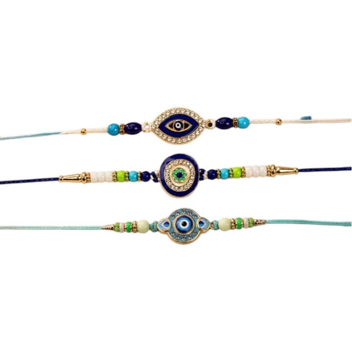 Designer Rakhi for Brother with Roli Chawal, Pooja Coin & Card - Pack of 3