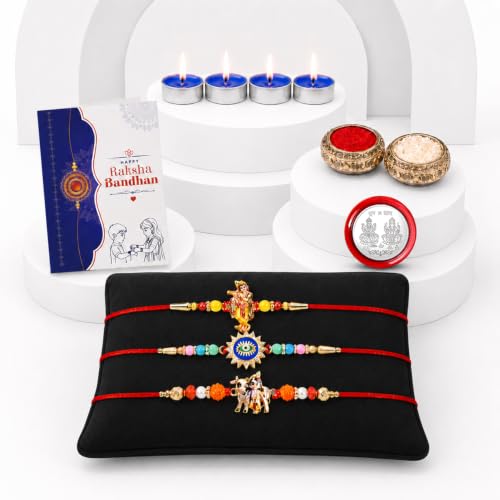 Krishna, Evil Eye Rakhi Combo - Raksha Bandhan Gift with Tealight Candles 4pcs, Pack of 7