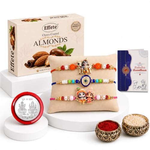 Krishna Cow, Evil Eye Rakhi Combo - Raksha Bandhan Gift with Choco Almonds 32gm, Pack of 7