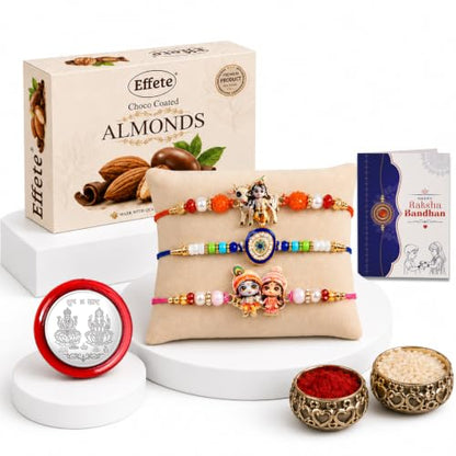 Krishna Cow, Evil Eye Rakhi Combo - Raksha Bandhan Gift with Choco Almonds 32gm, Pack of 7