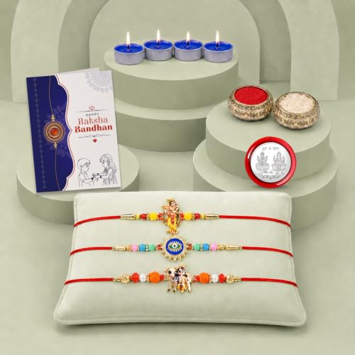 Krishna, Evil Eye Rakhi Combo - Raksha Bandhan Gift with Tealight Candles 4pcs, Pack of 7