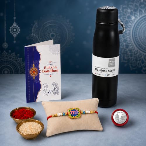 Radhe Rakhi Combo - Raksha Bandhan Gift with Vacuum Water Bottle 550ml, Pack of 5