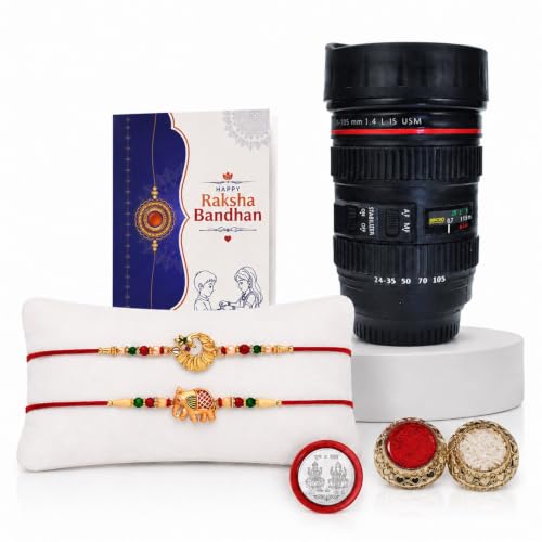 Flower, Elephant Rakhi Combo - Raksha Bandhan Gift with Camera Lens Coffee Mug, Pack of 6