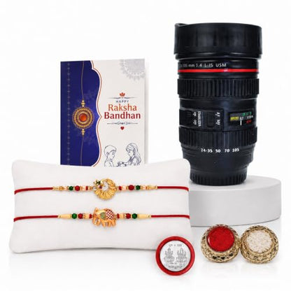 Flower, Elephant Rakhi Combo - Raksha Bandhan Gift with Camera Lens Coffee Mug, Pack of 6