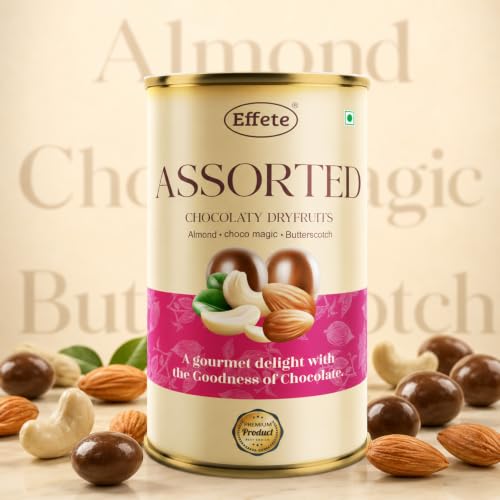 A tall beige tin of assorted chocolaty dry fruits is surrounded by loose cashews, almonds, and chocolate-covered dry fruits