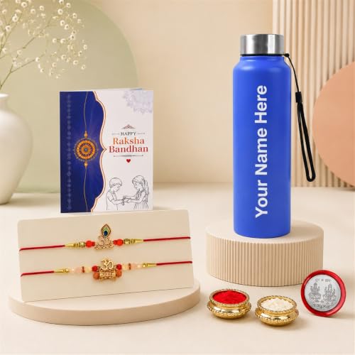 A blue water bottle with "Your Name Here" text, a greeting card, two Rakhis, and small bowls of kumkum and chawal are
