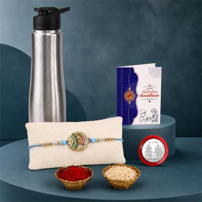 Shree symbol Rakhi Combo - Raksha Bandhan Gift with SS Water Bottle 1000ml | Rakhi Gift