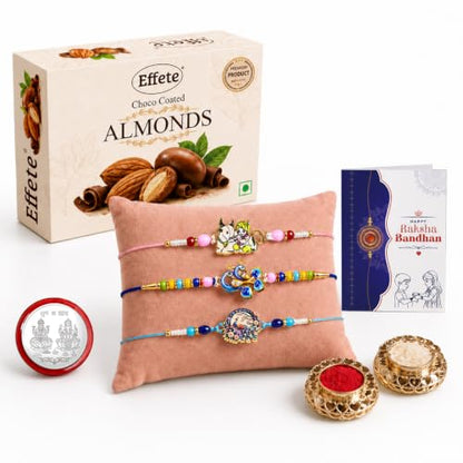 Krishna, Peacock Rakhi Combo - Raksha Bandhan Gift with Choco Almonds 32gm, Pack of 7