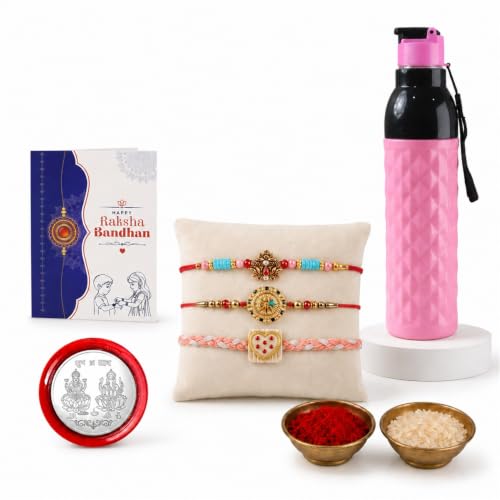 Lotus Rakhi Combo - Raksha Bandhan Gift with Diamond Water Bottle 1000ml, Pack of 7