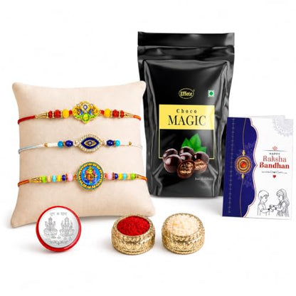 Ganesh Rakhi Combo - Raksha Bandhan Gift with Choco Magic Standy Pouch, Pack of 7