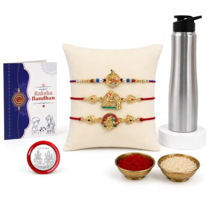Krishna, Floral Rakhi Combo - Raksha Bandhan Gift with SS Water Bottle 1000ml, Pack of 7