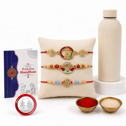Om, Flower Rakhi Combo - Raksha Bandhan Gift with SS Water Bottle 500ml, Pack of 7