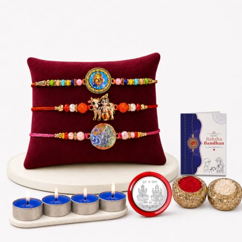 Ganesh Rakhi Combo - Raksha Bandhan Gift with Tealight Candles 4pcs, Pack of 7 for Bhaiya