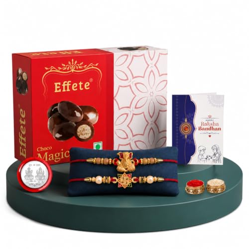 A red and white chocolate box, two red and gold Rakhis, a silver coin, a greeting card, and two small bowls of powder are