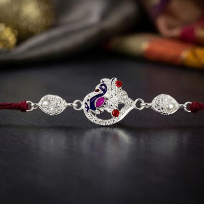 Silver Peacock Rakhi Combo - Raksha Bandhan Gift with Heart-Shape Organizer, Pack of 6