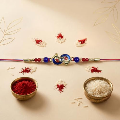 Peacock Rakhi Combo - Raksha Bandhan Gift with Golden Pooja Kankavati, Pack of 6