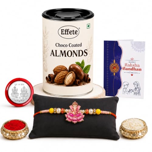 Ganesha Rakhi Combo - Raksha Bandhan Gift with Choco Almonds 96gm, Pack of 5 | Rakhi Gift