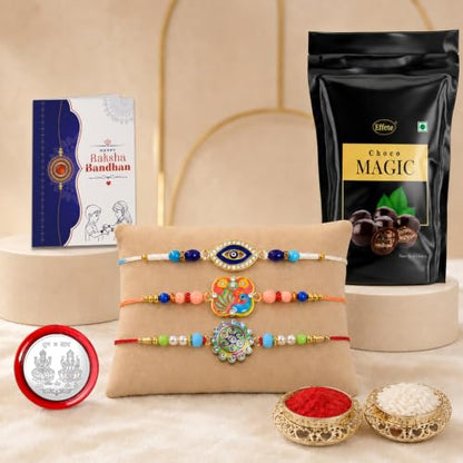 Evil Eye Rakhi Combo - Raksha Bandhan Gift with Choco Magic Standy Pouch, Pack of 7