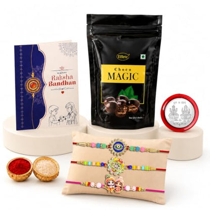 Evil Eye, Round Rakhi Combo - Raksha Bandhan Gift with Choco Magic Standy Pouch, Pack of 7
