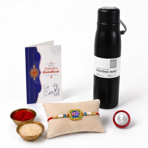 Radhe Rakhi Combo - Raksha Bandhan Gift with Vacuum Water Bottle 550ml, Pack of 5