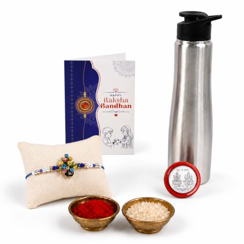 OM Floral Pot Rakhi Combo - Raksha Bandhan Gift with SS Water Bottle 1000ml, Pack of 5