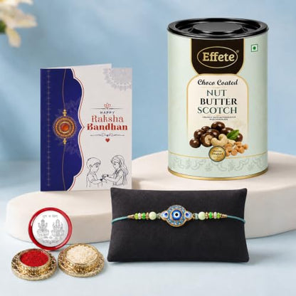 Evil Eye Rakhi Combo - Raksha Bandhan Gift with Choco Butterscotch 96gm, Pack of 5