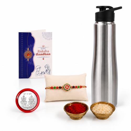 Swastika Rakhi Combo - Raksha Bandhan Gift with SS Water Bottle 1000ml, Pack of 5