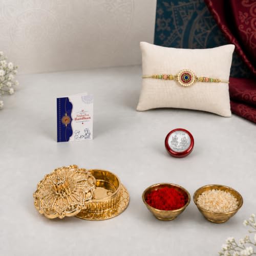 Round Floral Rakhi Combo - Raksha Bandhan Gift with Golden Pooja Kankavati, Pack of 5