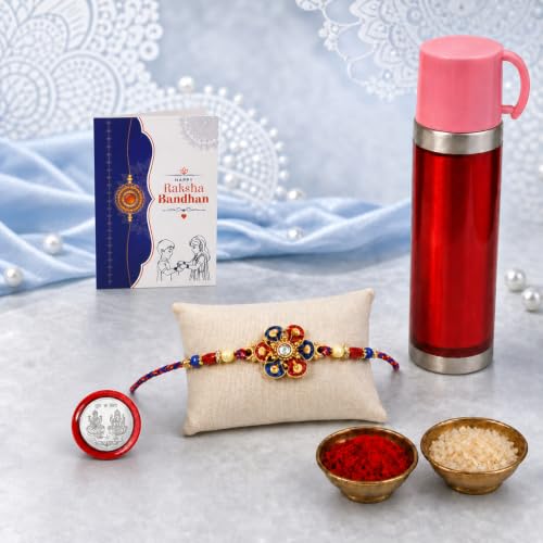 Flower Rakhi Combo - Raksha Bandhan Gift with Travel Mug 500ml, Pack of 5 | Rakhi Gift