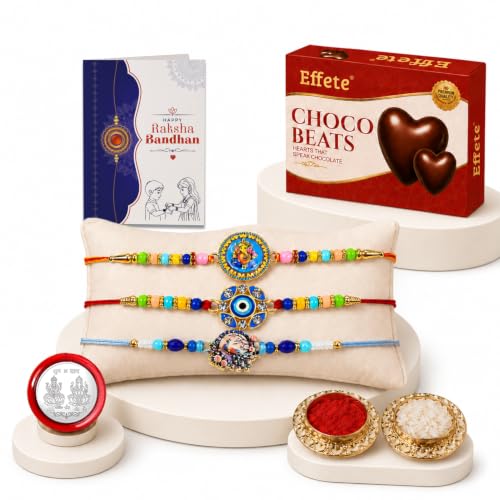 Ganesh, Evil Eye Rakhi Combo - Raksha Bandhan Gift with Choco Beats 32gm, Pack of 7
