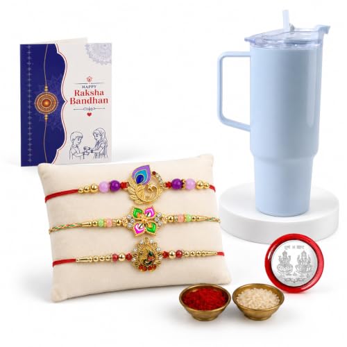 Peacock, Floral Rakhi Combo - Raksha Bandhan Gift with Travel Tumbler 1800ml, Pack of 7