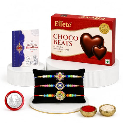 Evil Eye, OM, Evil Eye Rakhi Combo - Raksha Bandhan Gift with Choco Beats 32gm, Pack of 7