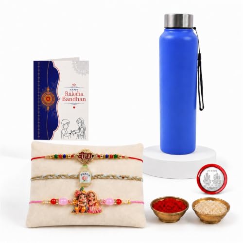 Krishna Radha Rakhi Combo - Raksha Bandhan Gift with SS Water Bottle 1000ml, Pack of 7