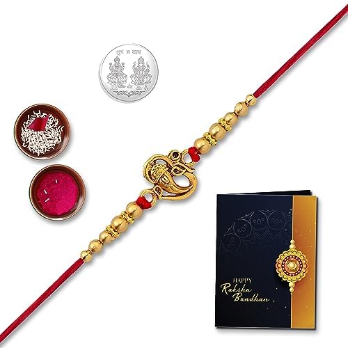 Krishna Beads Rakhi for Brother with Tilak Set, Pooja Coin & Card, Rakhi Set (V5)